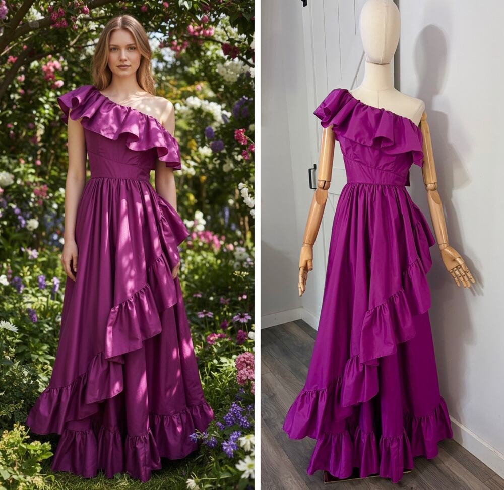 VTG 80s Mike Benet Size 4 Taffeta Ruffle One Shoulder Gown Dress Violet Purple